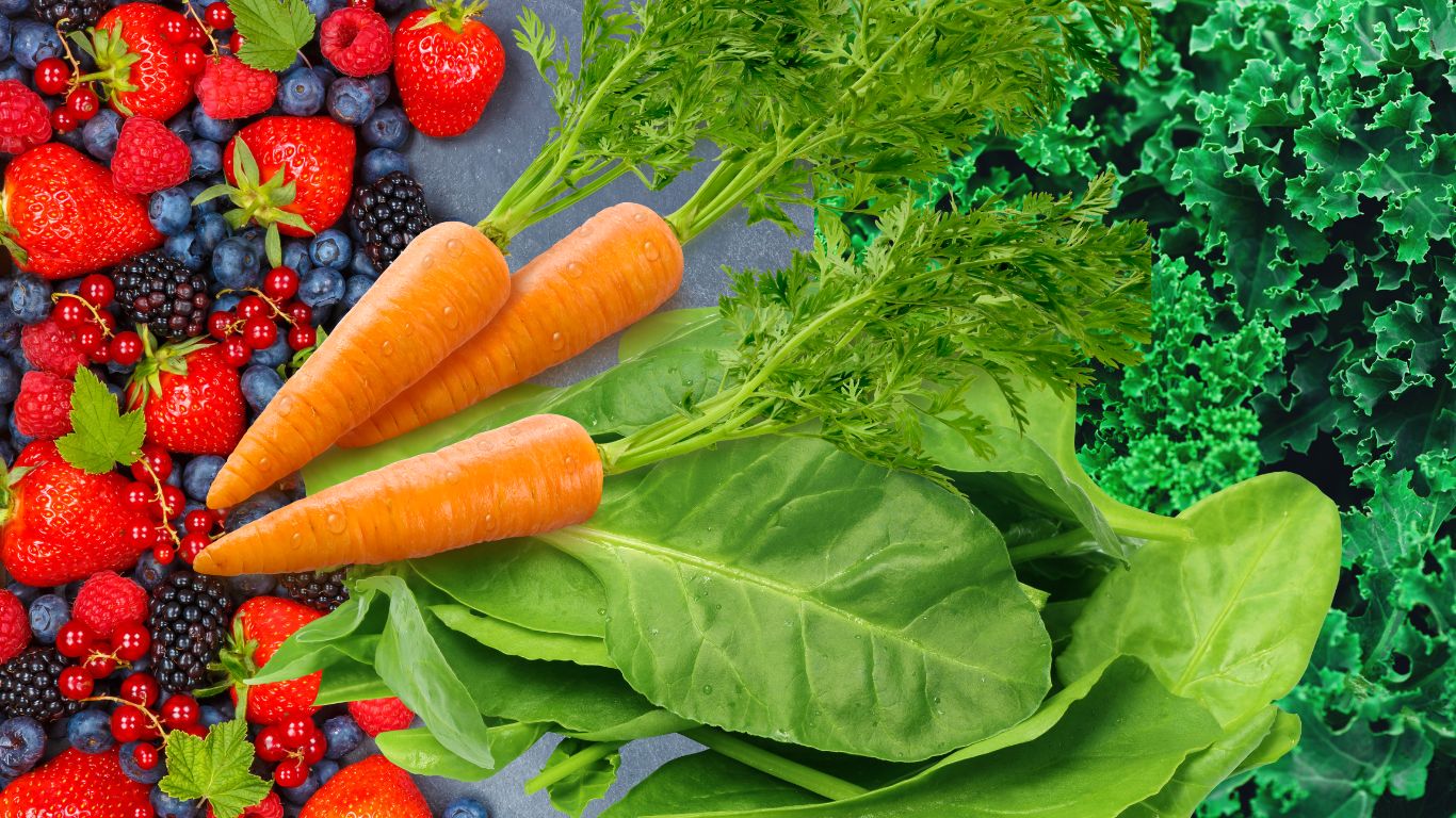 picture of healthy foods including strawberries, blueberries and greens