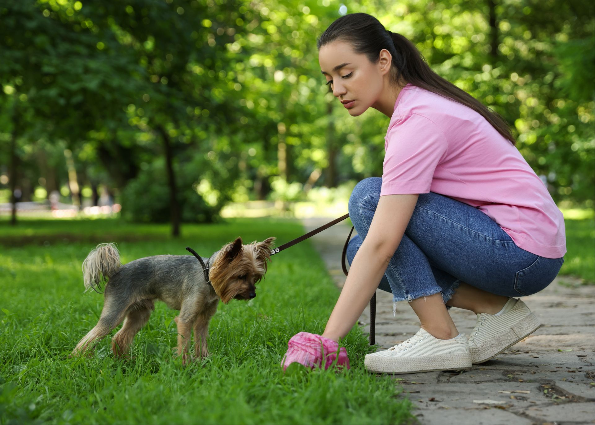 Elderly woman in green jacket gazing at pond while her terrier dog looks toward camera