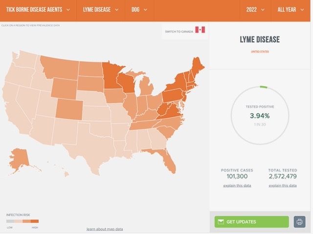 Map of United States showing tick hotspots in Northeast